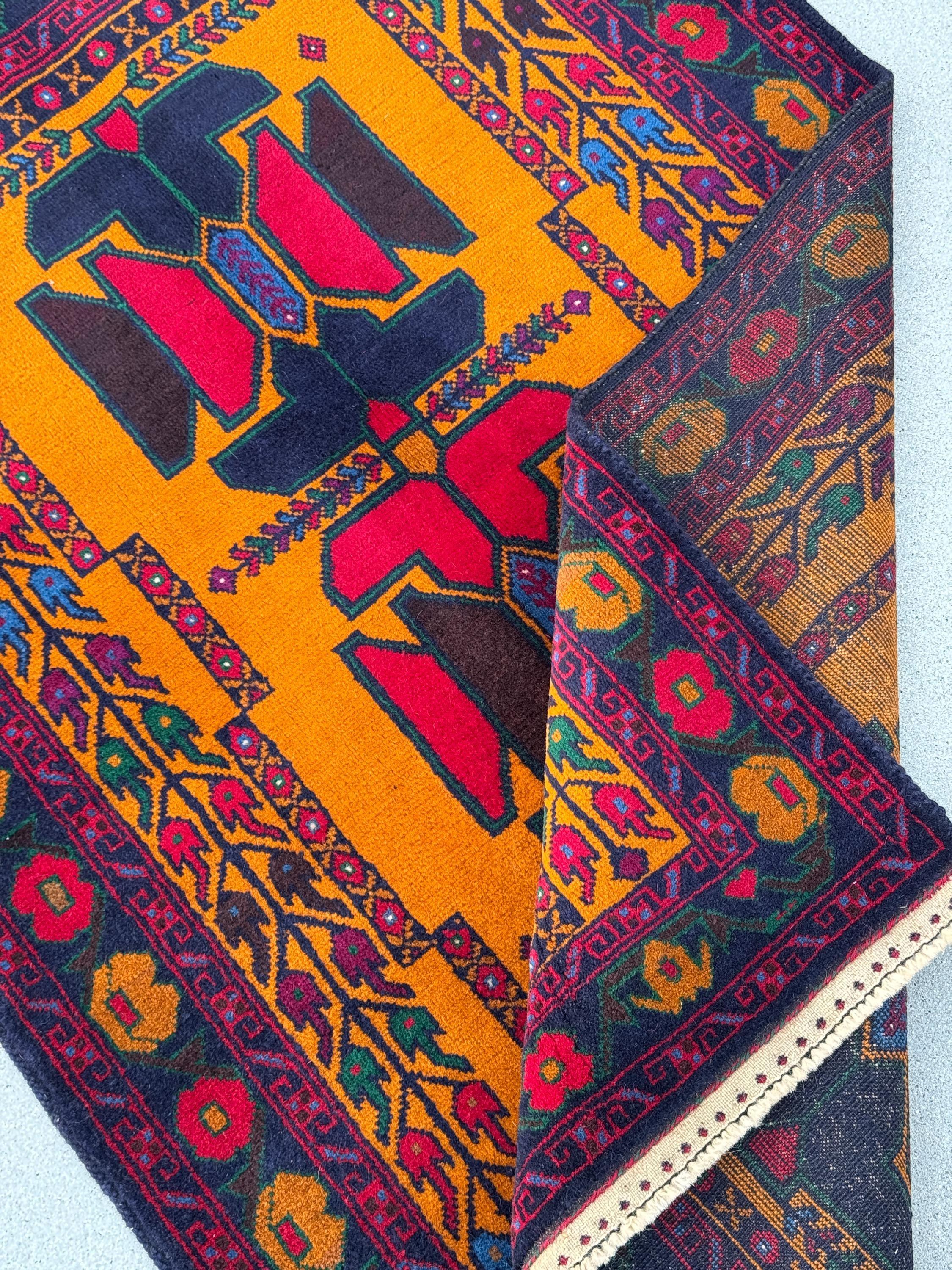 3x5 (91x152) Handmade Vintage Afghan Baluch Rug | Orange Scarlet Crimson Red Burgundy Navy Blue Plum Denim Forest Green White Gold | Wool