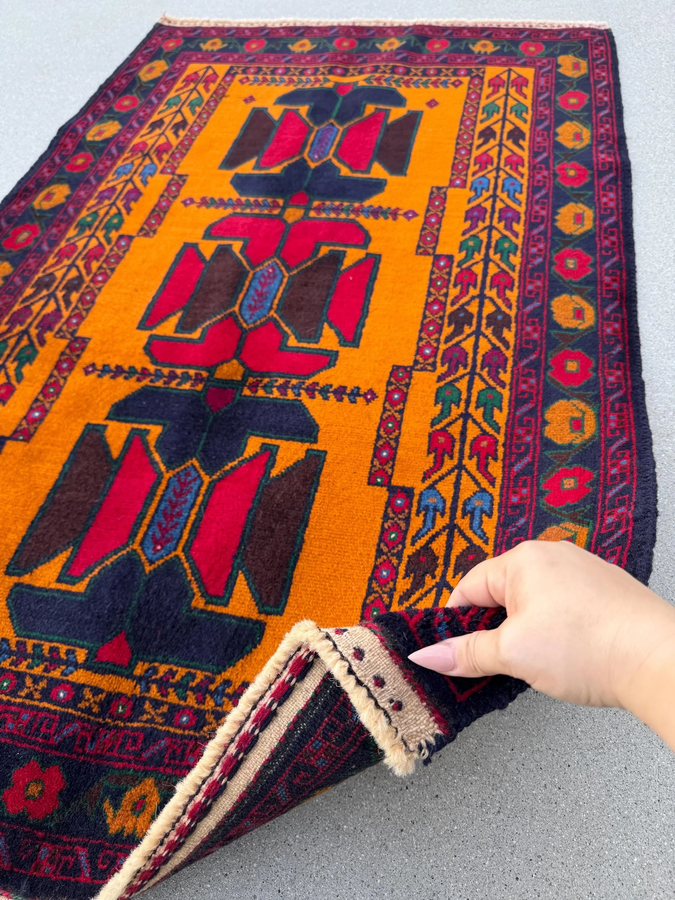 3x5 (91x152) Handmade Vintage Afghan Baluch Rug | Orange Scarlet Crimson Red Burgundy Navy Blue Plum Denim Forest Green White Gold | Wool