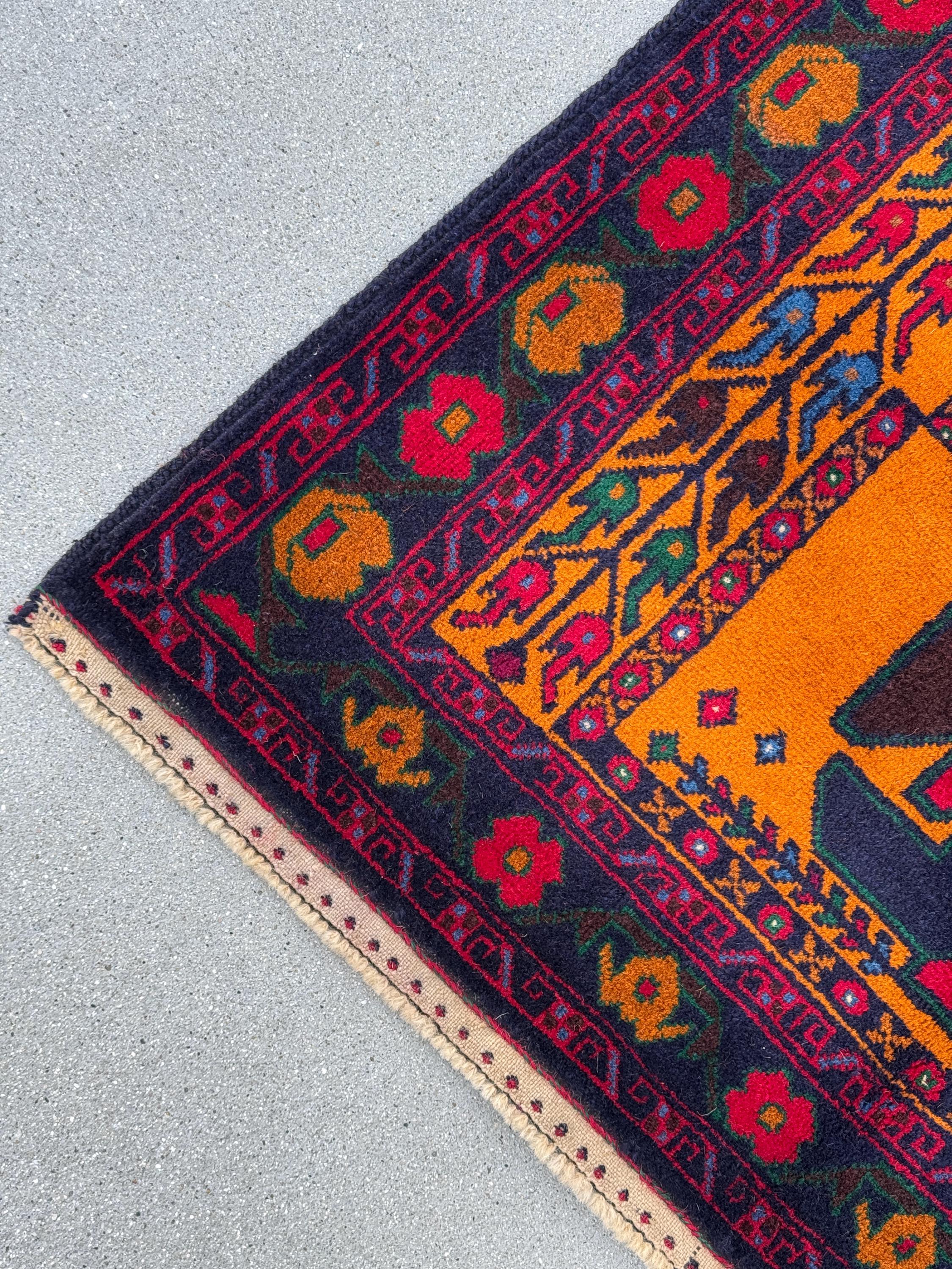 3x5 (91x152) Handmade Vintage Afghan Baluch Rug | Orange Scarlet Crimson Red Burgundy Navy Blue Plum Denim Forest Green White Gold | Wool