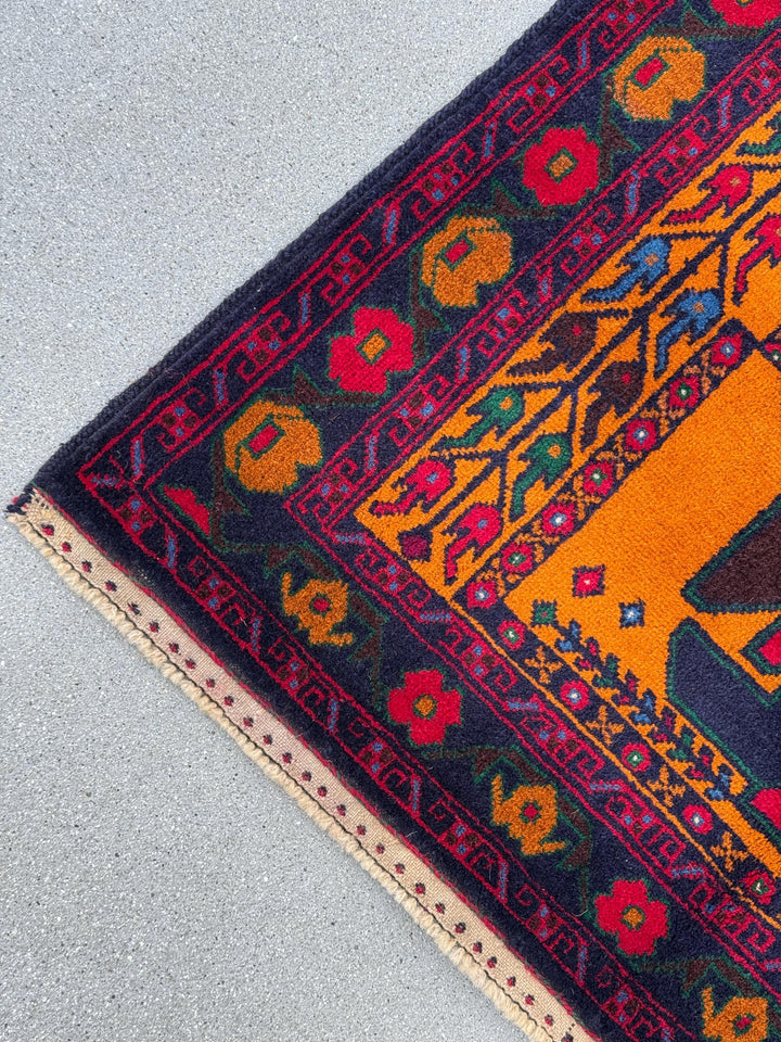 3x5 (91x152) Handmade Vintage Afghan Baluch Rug | Orange Scarlet Crimson Red Burgundy Navy Blue Plum Denim Forest Green White Gold | Wool