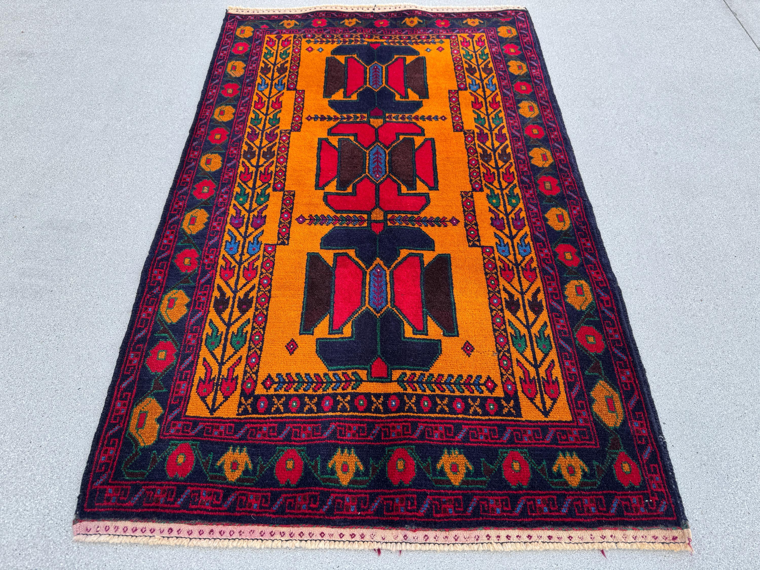 3x5 (91x152) Handmade Vintage Afghan Baluch Rug | Orange Scarlet Crimson Red Burgundy Navy Blue Plum Denim Forest Green White Gold | Wool