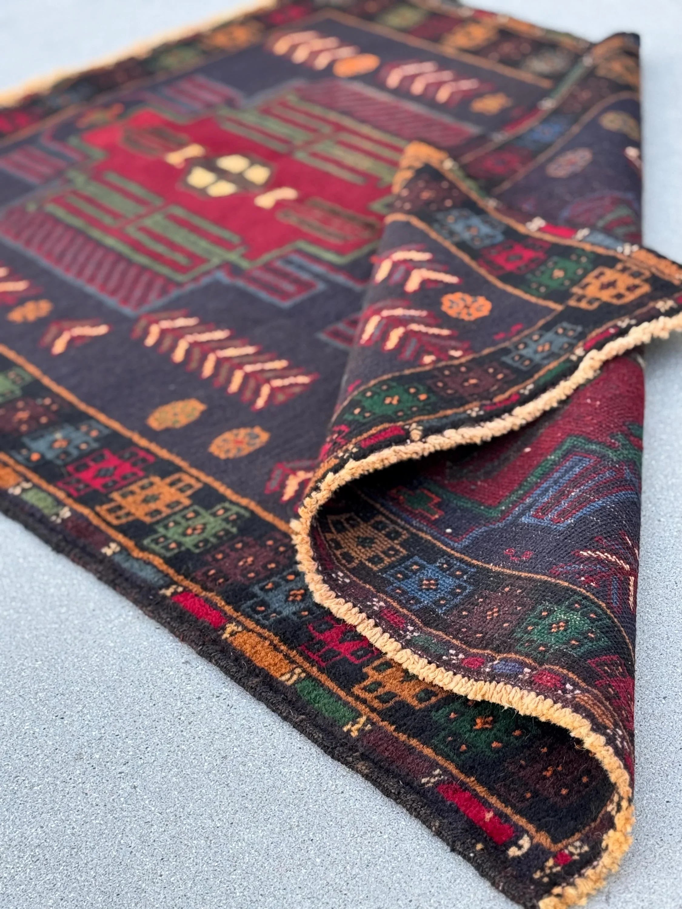 3x5 (91x152) Handmade Vintage Afghan Baluch Rug | Midnight Deni Blue Forest Pine Green Burnt Orange Cream Blood Red Yellow Eggplant | Wool
