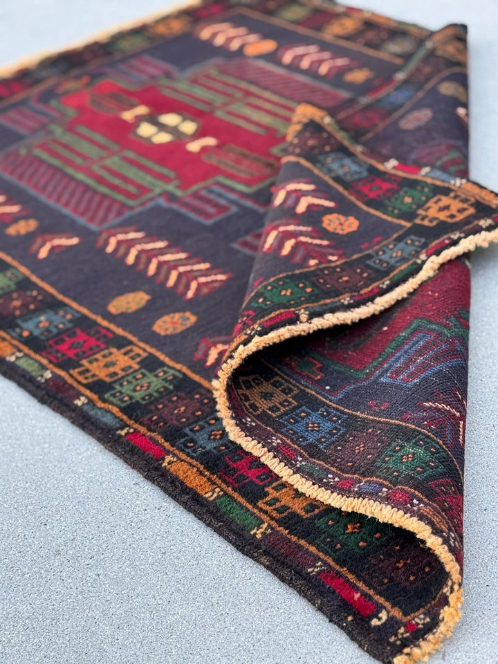 3x5 (91x152) Handmade Vintage Afghan Baluch Rug | Midnight Deni Blue Forest Pine Green Burnt Orange Cream Blood Red Yellow Eggplant | Wool