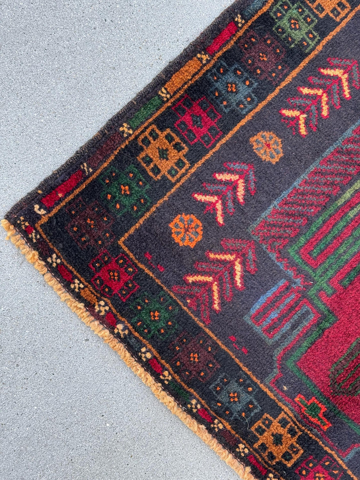 3x5 (91x152) Handmade Vintage Afghan Baluch Rug | Midnight Deni Blue Forest Pine Green Burnt Orange Cream Blood Red Yellow Eggplant | Wool