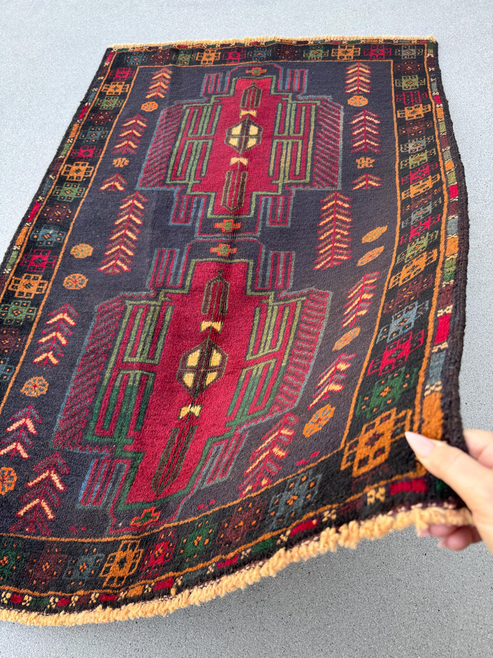 3x5 (91x152) Handmade Vintage Afghan Baluch Rug | Midnight Deni Blue Forest Pine Green Burnt Orange Cream Blood Red Yellow Eggplant | Wool