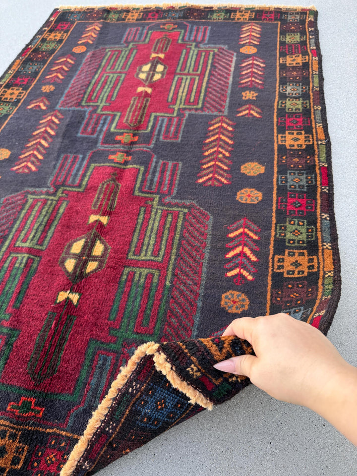 3x5 (91x152) Handmade Vintage Afghan Baluch Rug | Midnight Deni Blue Forest Pine Green Burnt Orange Cream Blood Red Yellow Eggplant | Wool