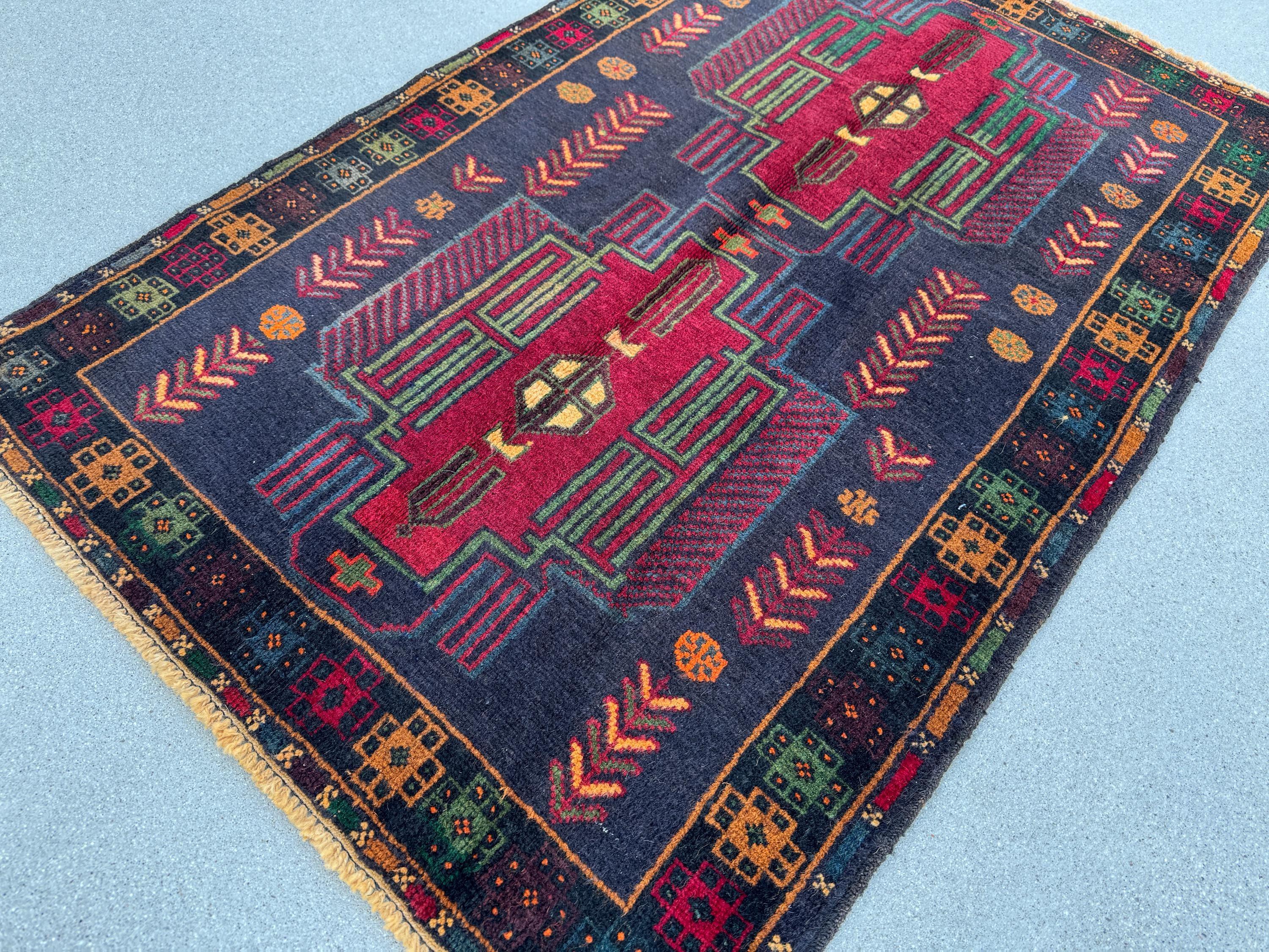 3x5 (91x152) Handmade Vintage Afghan Baluch Rug | Midnight Deni Blue Forest Pine Green Burnt Orange Cream Blood Red Yellow Eggplant | Wool