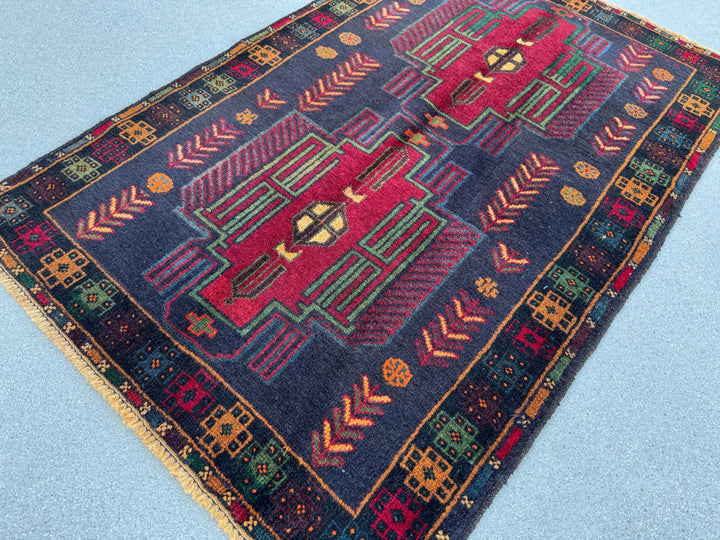 3x5 (91x152) Handmade Vintage Afghan Baluch Rug | Midnight Deni Blue Forest Pine Green Burnt Orange Cream Blood Red Yellow Eggplant | Wool
