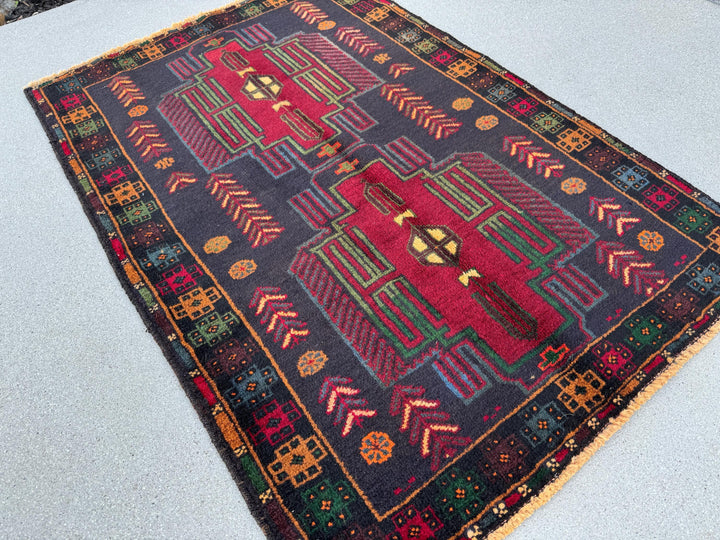 3x5 (91x152) Handmade Vintage Afghan Baluch Rug | Midnight Deni Blue Forest Pine Green Burnt Orange Cream Blood Red Yellow Eggplant | Wool