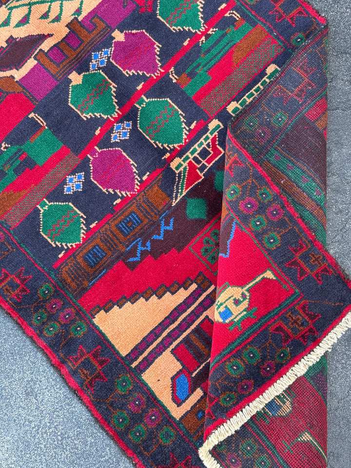 3x5 (91x152) Handmade Vintage Afghan Baluch Rug | Navy Midnight Denim Blue Crimson Maroon Red Plum Purple Forest Green Cream Black | Wool
