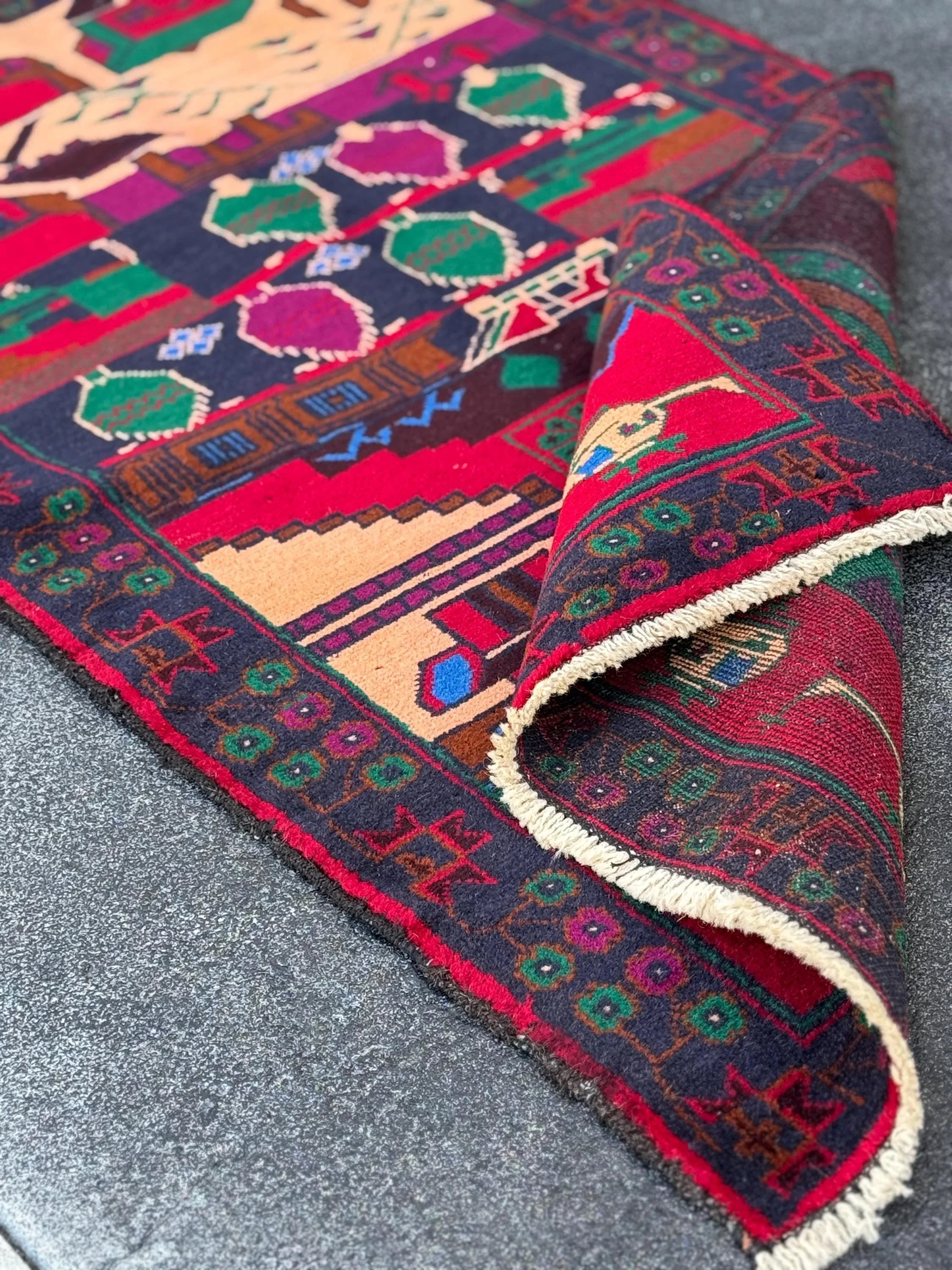 3x5 (91x152) Handmade Vintage Afghan Baluch Rug | Navy Midnight Denim Blue Crimson Maroon Red Plum Purple Forest Green Cream Black | Wool