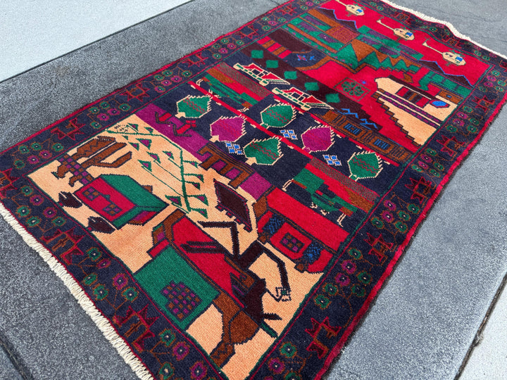 3x5 (91x152) Handmade Vintage Afghan Baluch Rug | Navy Midnight Denim Blue Crimson Maroon Red Plum Purple Forest Green Cream Black | Wool