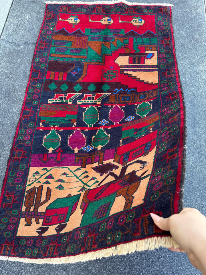 3x5 (91x152) Handmade Vintage Afghan Baluch Rug | Navy Midnight Denim Blue Crimson Maroon Red Plum Purple Forest Green Cream Black | Wool