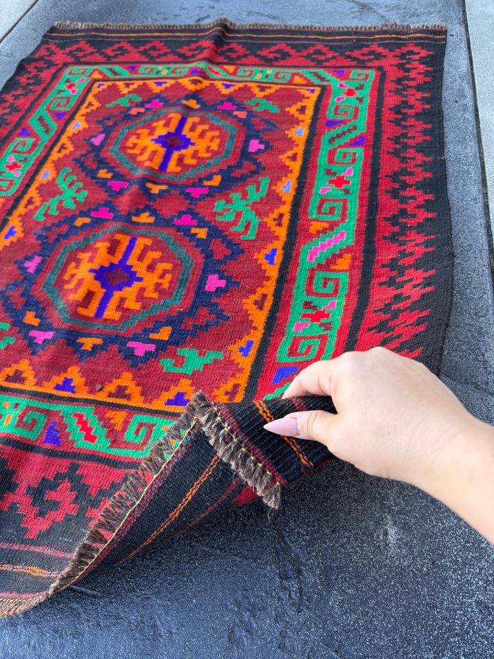 3x4 (91x121) Handmade Afghan Kilim Rug | Black Crimson Red Fuchsia Pink Orange Royal Navy Midnight Blue Forest Emerald Green Burgundy | Wool