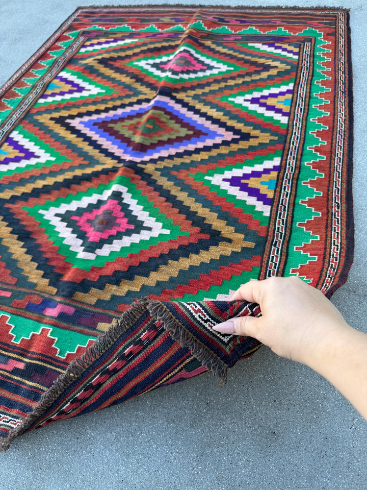 3x5 Handmade Afghan Kilim Rug | Emerald Pine Forest Moss Green White Blood Red Black Pink Caramel Mustard Yellow Black Purple Aqua Grey Wool