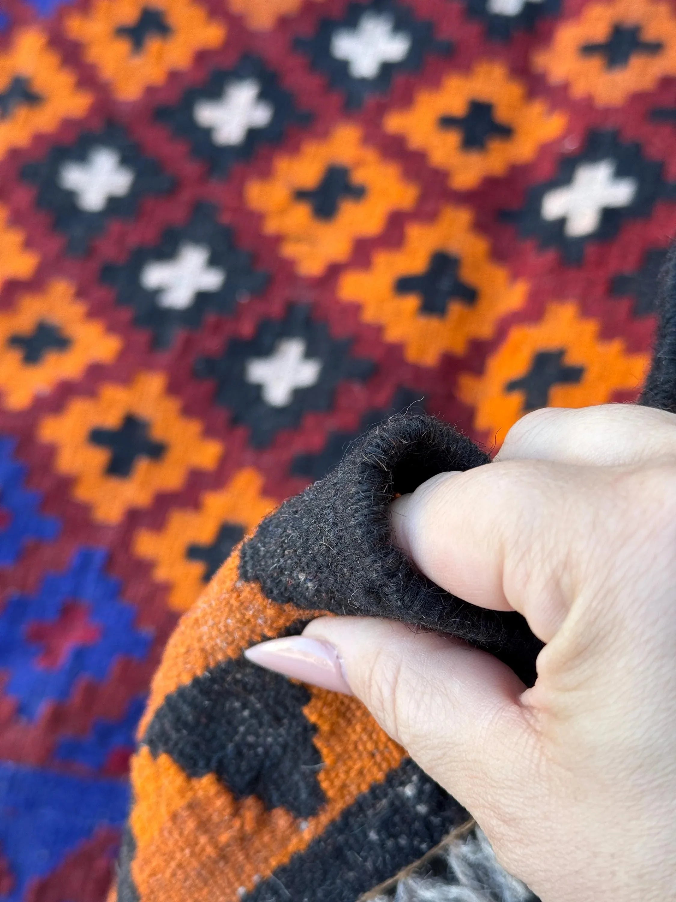 3x6 (91x182) Handmade Afghan Kilim Rug | Black Orange Auburn Blood Maroon Red White Royal Blue | Wool Geometric Vibrant Flatweave
