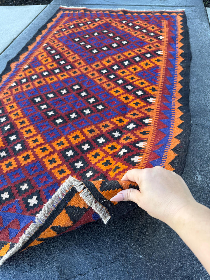 3x6 (91x182) Handmade Afghan Kilim Rug | Black Orange Auburn Blood Maroon Red White Royal Blue | Wool Geometric Vibrant Flatweave
