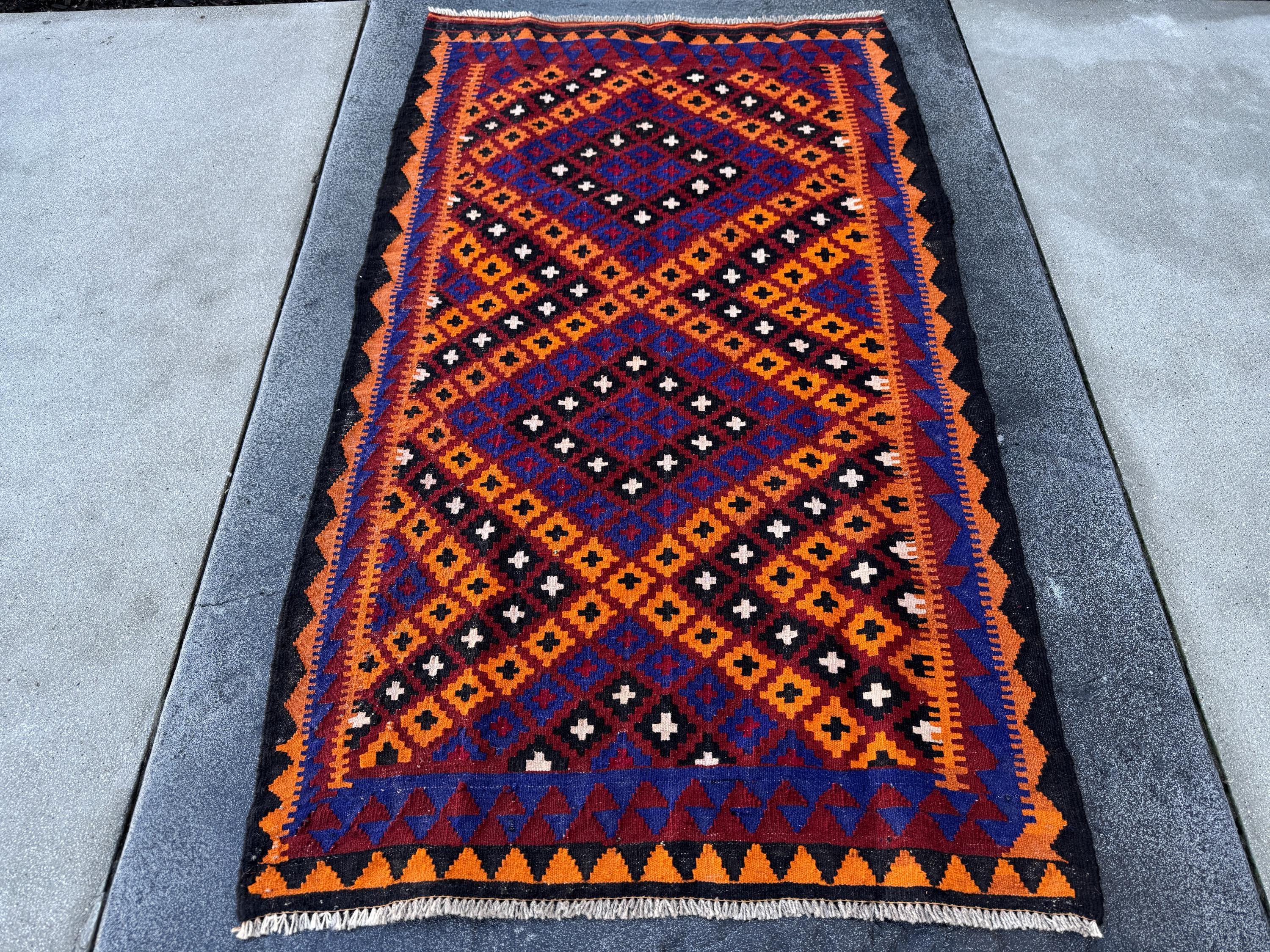 3x6 (91x182) Handmade Afghan Kilim Rug | Black Orange Auburn Blood Maroon Red White Royal Blue | Wool Geometric Vibrant Flatweave