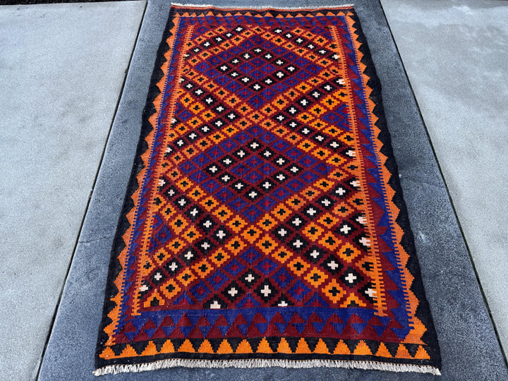 3x6 (91x182) Handmade Afghan Kilim Rug | Black Orange Auburn Blood Maroon Red White Royal Blue | Wool Geometric Vibrant Flatweave