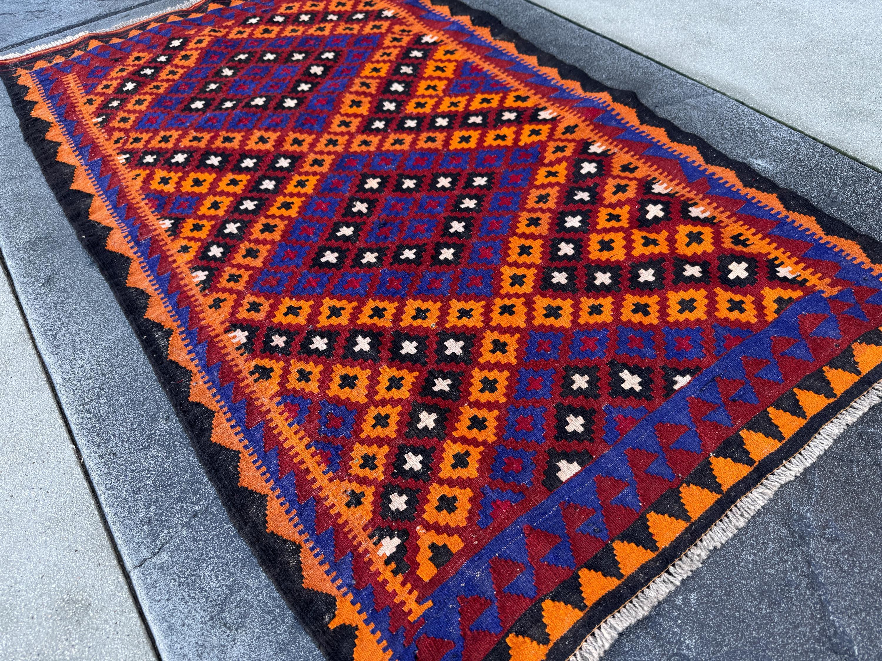 3x6 (91x182) Handmade Afghan Kilim Rug | Black Orange Auburn Blood Maroon Red White Royal Blue | Wool Geometric Vibrant Flatweave