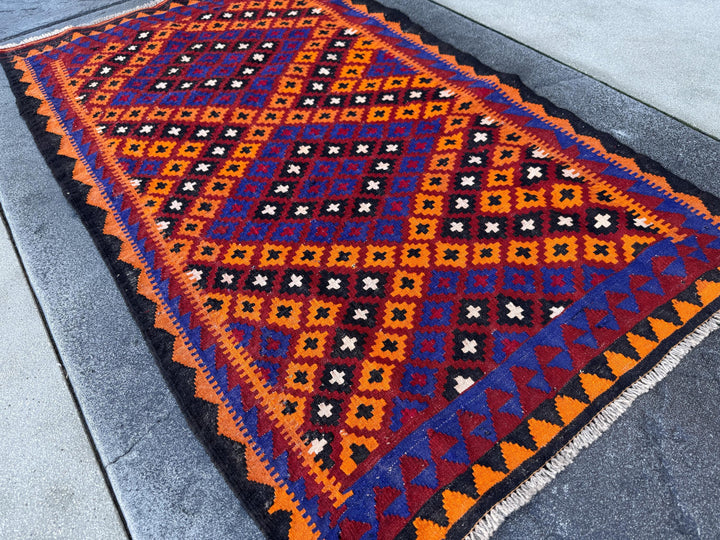 3x6 (91x182) Handmade Afghan Kilim Rug | Black Orange Auburn Blood Maroon Red White Royal Blue | Wool Geometric Vibrant Flatweave