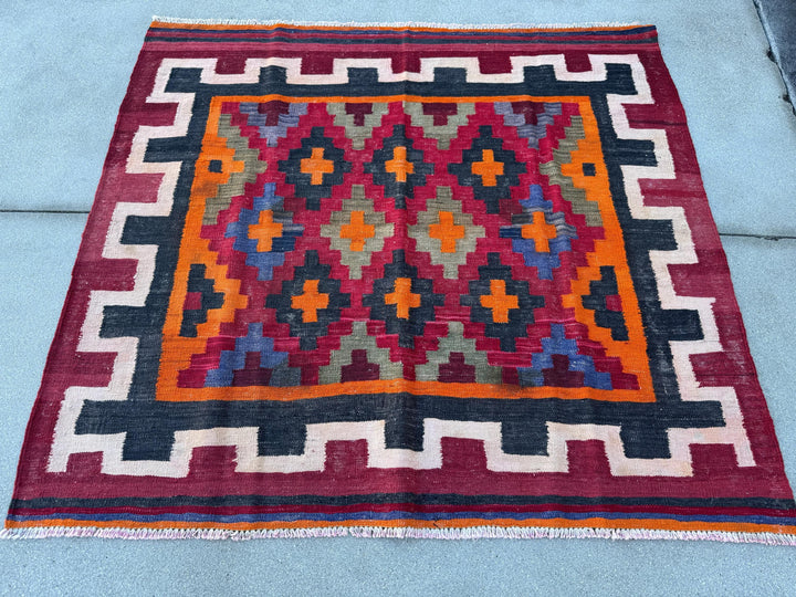 4x5 Handmade Afghan Kilim Rug | Brick Cherry Garnet Crimson Red Orange Black Grey White Cream Denim Blue Maroon Sage Green Taupe | Wool