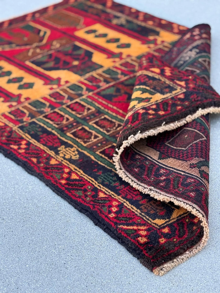 3x4-5 (91x144) Handmade Vintage Afghan Baluch Rug | Crimson Burgundy Maroon Red Gold Mustard Orange Yellow Forest Green Navy Blue Brown Wool