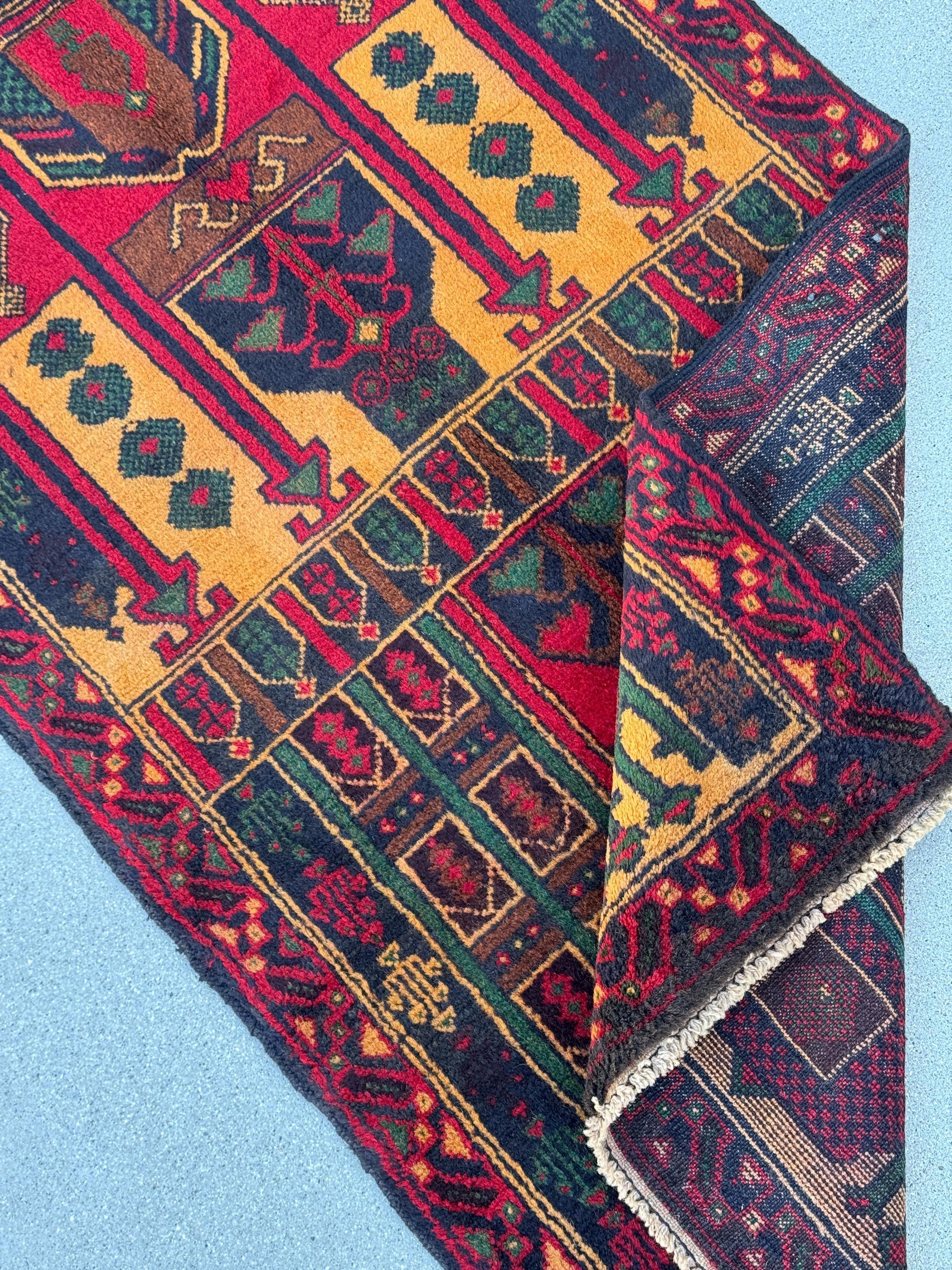 3x4-5 (91x144) Handmade Vintage Afghan Baluch Rug | Crimson Burgundy Maroon Red Gold Mustard Orange Yellow Forest Green Navy Blue Brown Wool