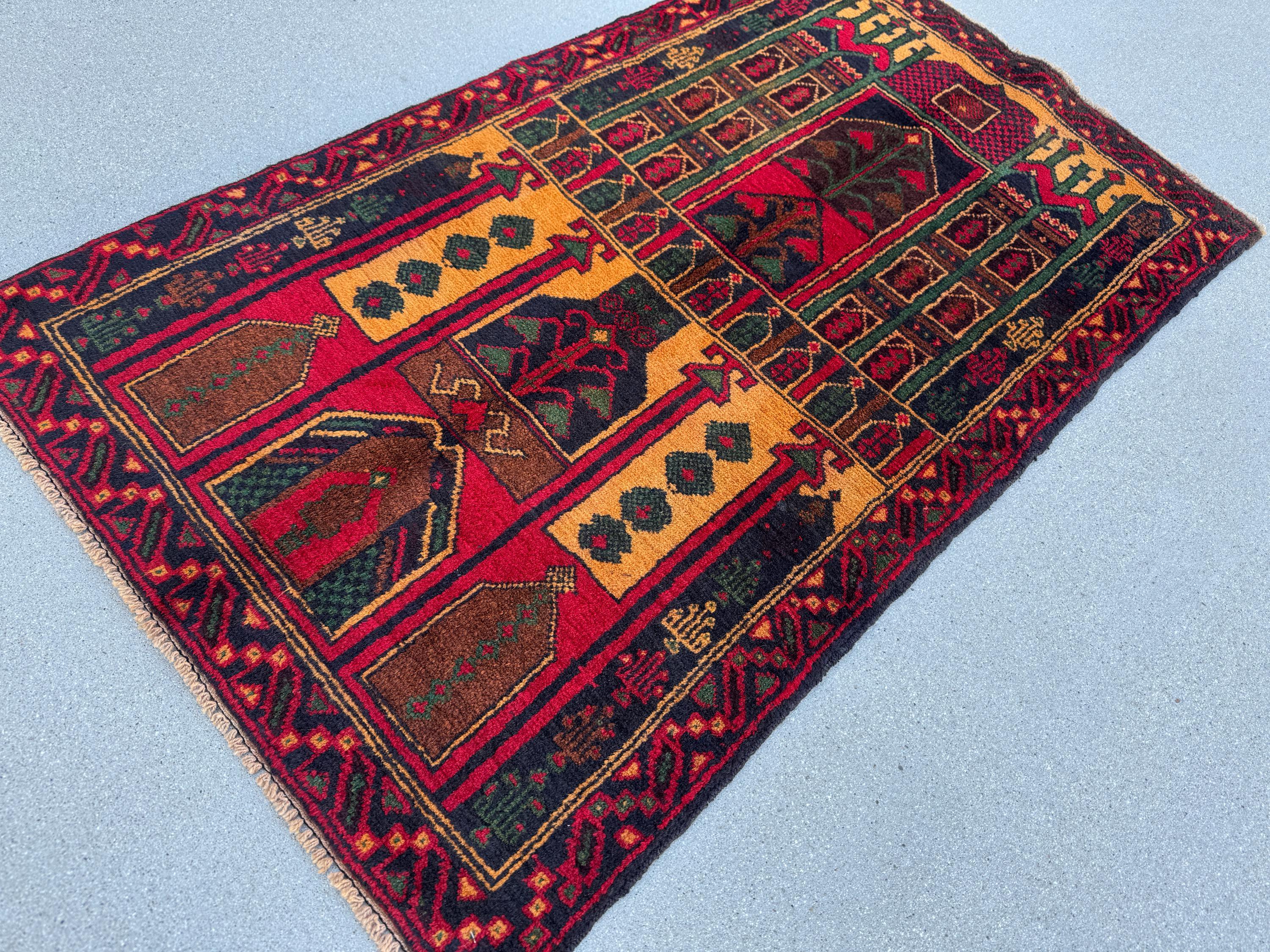 3x4-5 (91x144) Handmade Vintage Afghan Baluch Rug | Crimson Burgundy Maroon Red Gold Mustard Orange Yellow Forest Green Navy Blue Brown Wool