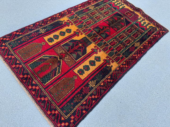 3x4-5 (91x144) Handmade Vintage Afghan Baluch Rug | Crimson Burgundy Maroon Red Gold Mustard Orange Yellow Forest Green Navy Blue Brown Wool