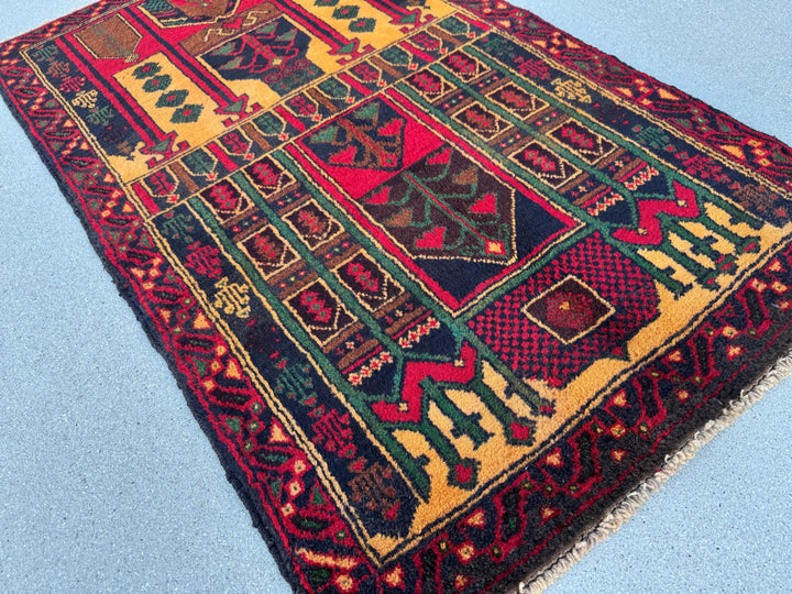 3x4-5 (91x144) Handmade Vintage Afghan Baluch Rug | Crimson Burgundy Maroon Red Gold Mustard Orange Yellow Forest Green Navy Blue Brown Wool