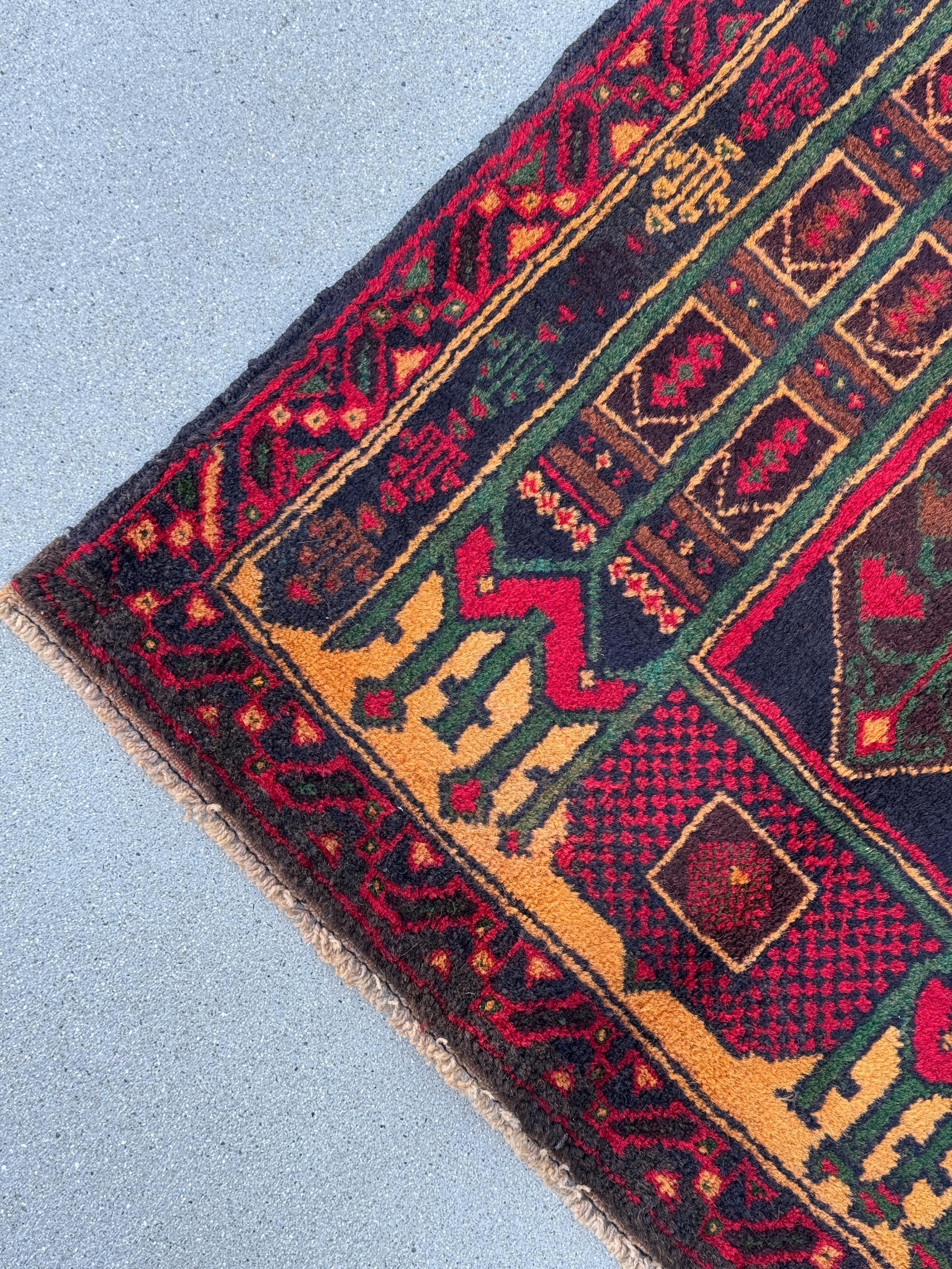3x4-5 (91x144) Handmade Vintage Afghan Baluch Rug | Crimson Burgundy Maroon Red Gold Mustard Orange Yellow Forest Green Navy Blue Brown Wool