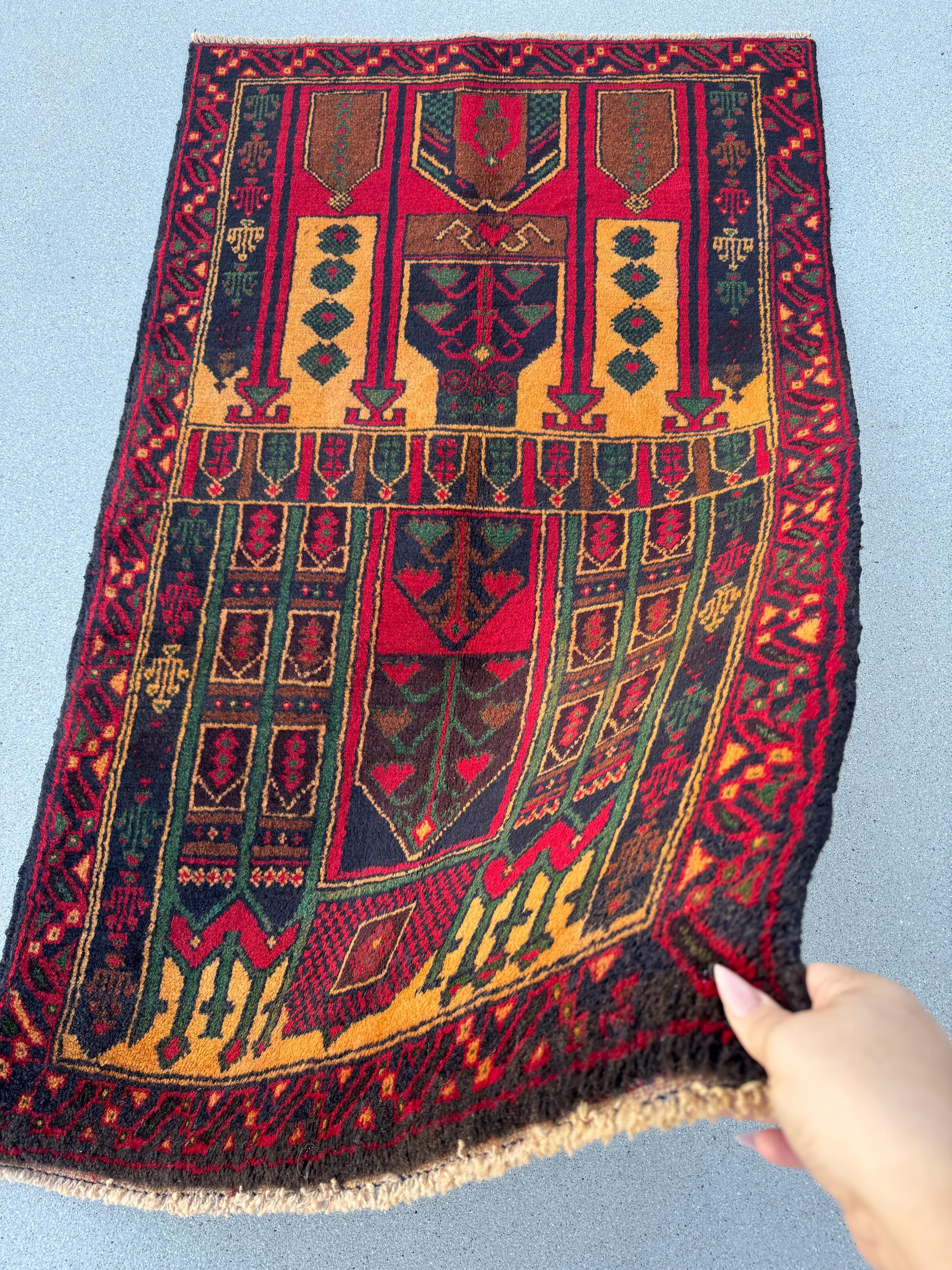3x4-5 (91x144) Handmade Vintage Afghan Baluch Rug | Crimson Burgundy Maroon Red Gold Mustard Orange Yellow Forest Green Navy Blue Brown Wool