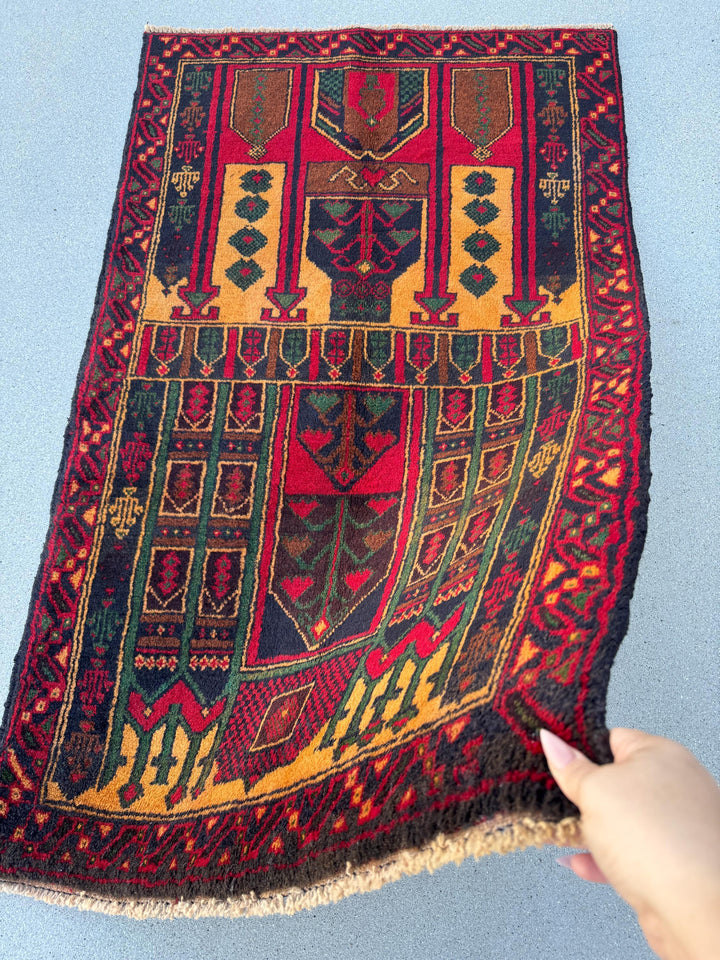 3x4-5 (91x144) Handmade Vintage Afghan Baluch Rug | Crimson Burgundy Maroon Red Gold Mustard Orange Yellow Forest Green Navy Blue Brown Wool