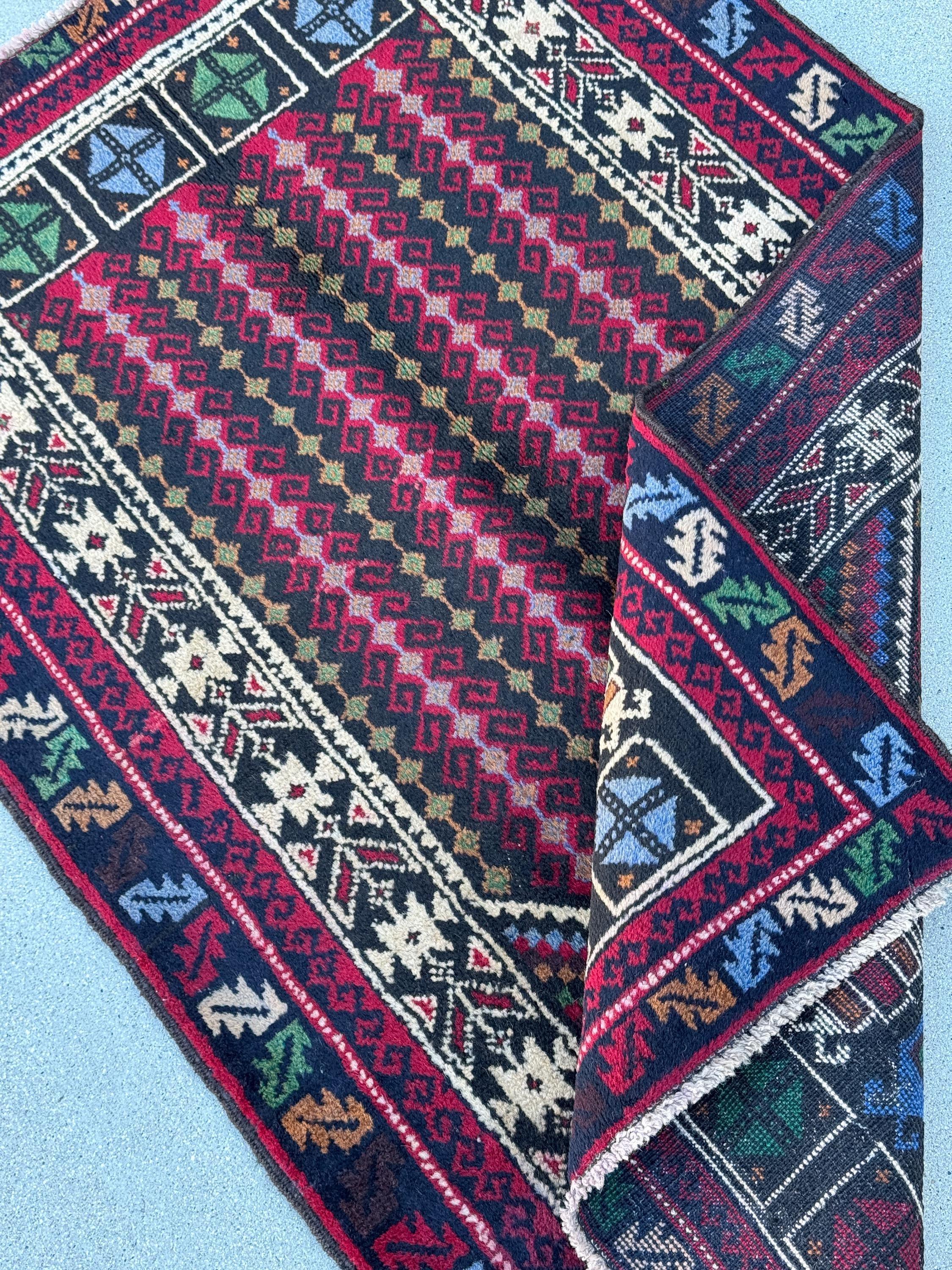 3x4-5 (91x144) Handmade Vintage Afghan Baluch Rug | Crimson Red Black Denim Blue Forest Pine Green Cream White Mustard Gold Yellow Purple