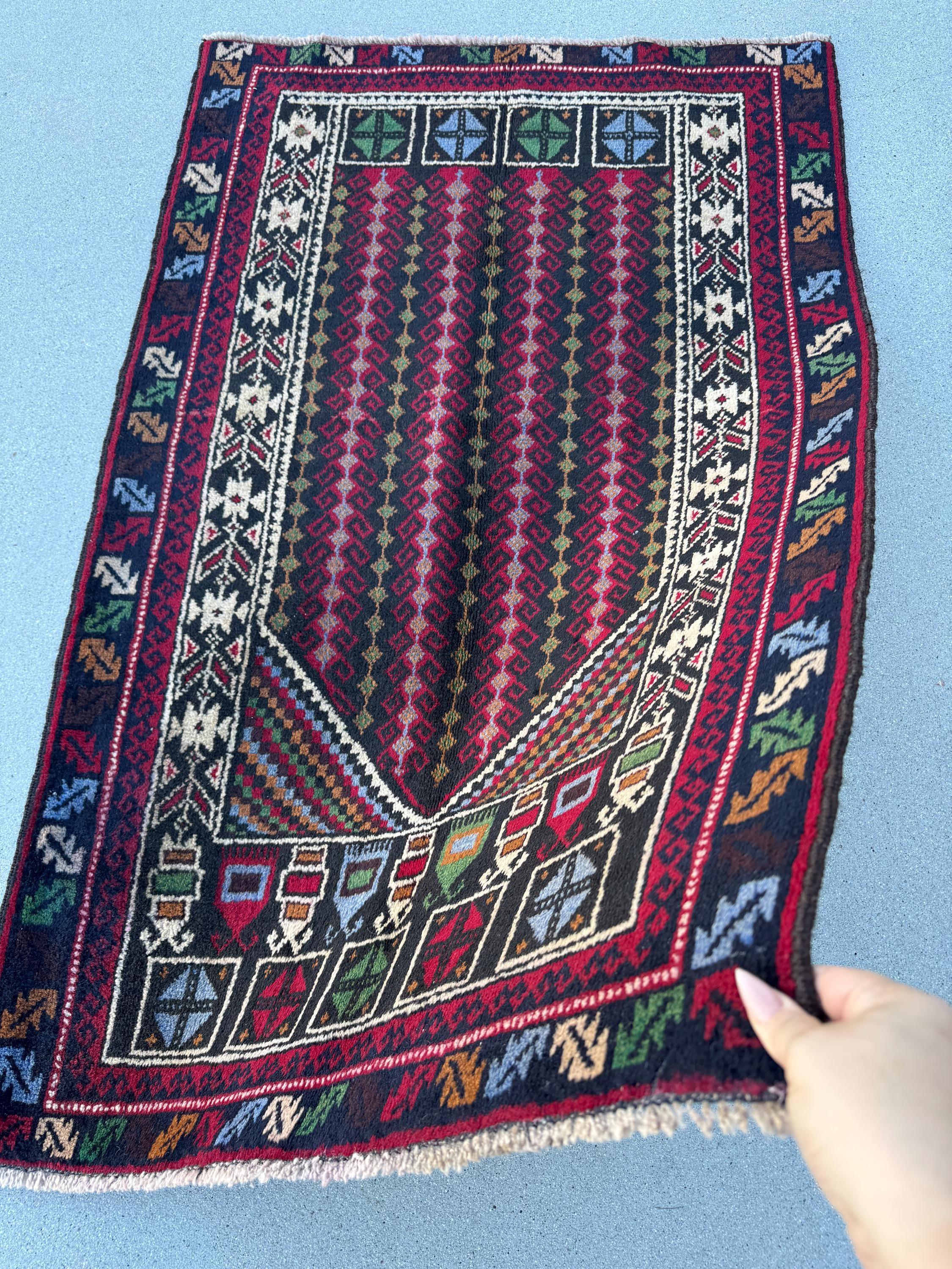 3x4-5 (91x144) Handmade Vintage Afghan Baluch Rug | Crimson Red Black Denim Blue Forest Pine Green Cream White Mustard Gold Yellow Purple