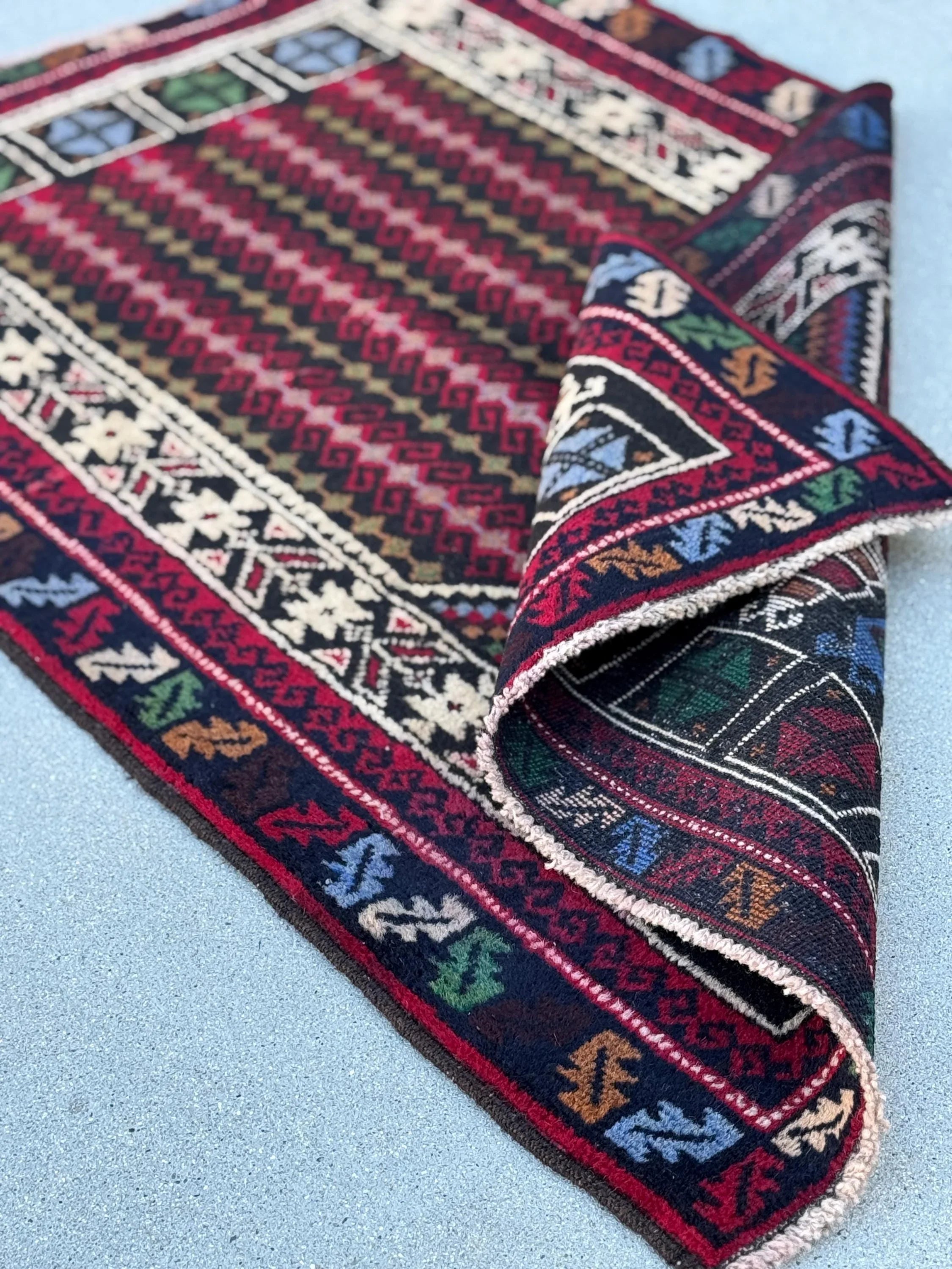 3x4-5 (91x144) Handmade Vintage Afghan Baluch Rug | Crimson Red Black Denim Blue Forest Pine Green Cream White Mustard Gold Yellow Purple
