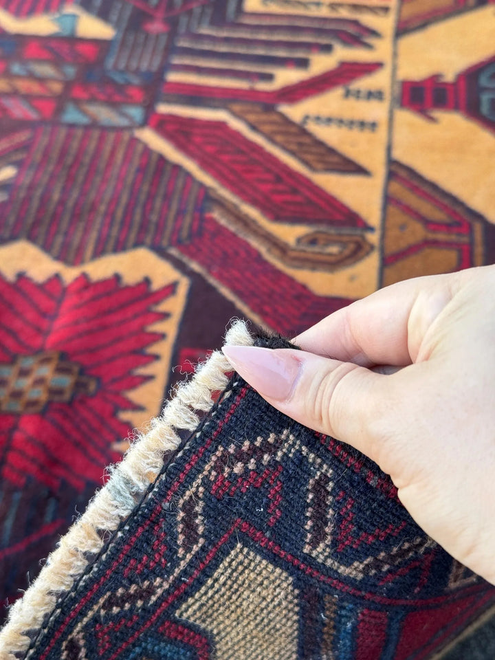 3x4-5 (91x121) Handmade Vintage Afghan Baluch Rug Saffron Gold Mustard Yellow Caramel Coffee Brown Maroon Burgundy Blood Red Denim Navy Blue