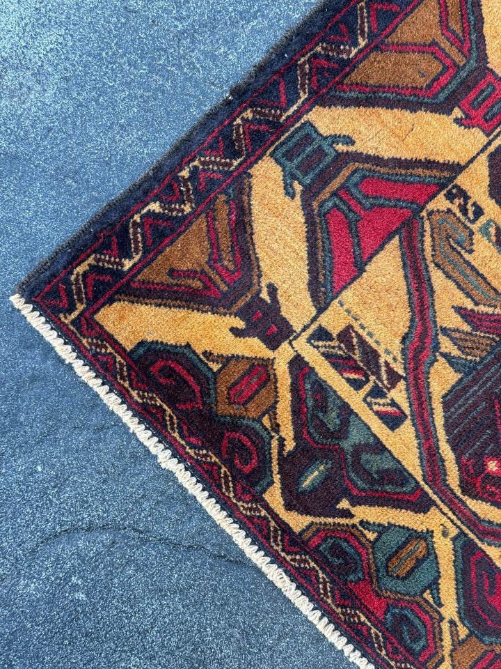 3x4-5 (91x121) Handmade Vintage Afghan Baluch Rug Saffron Gold Mustard Yellow Caramel Coffee Brown Maroon Burgundy Blood Red Denim Navy Blue