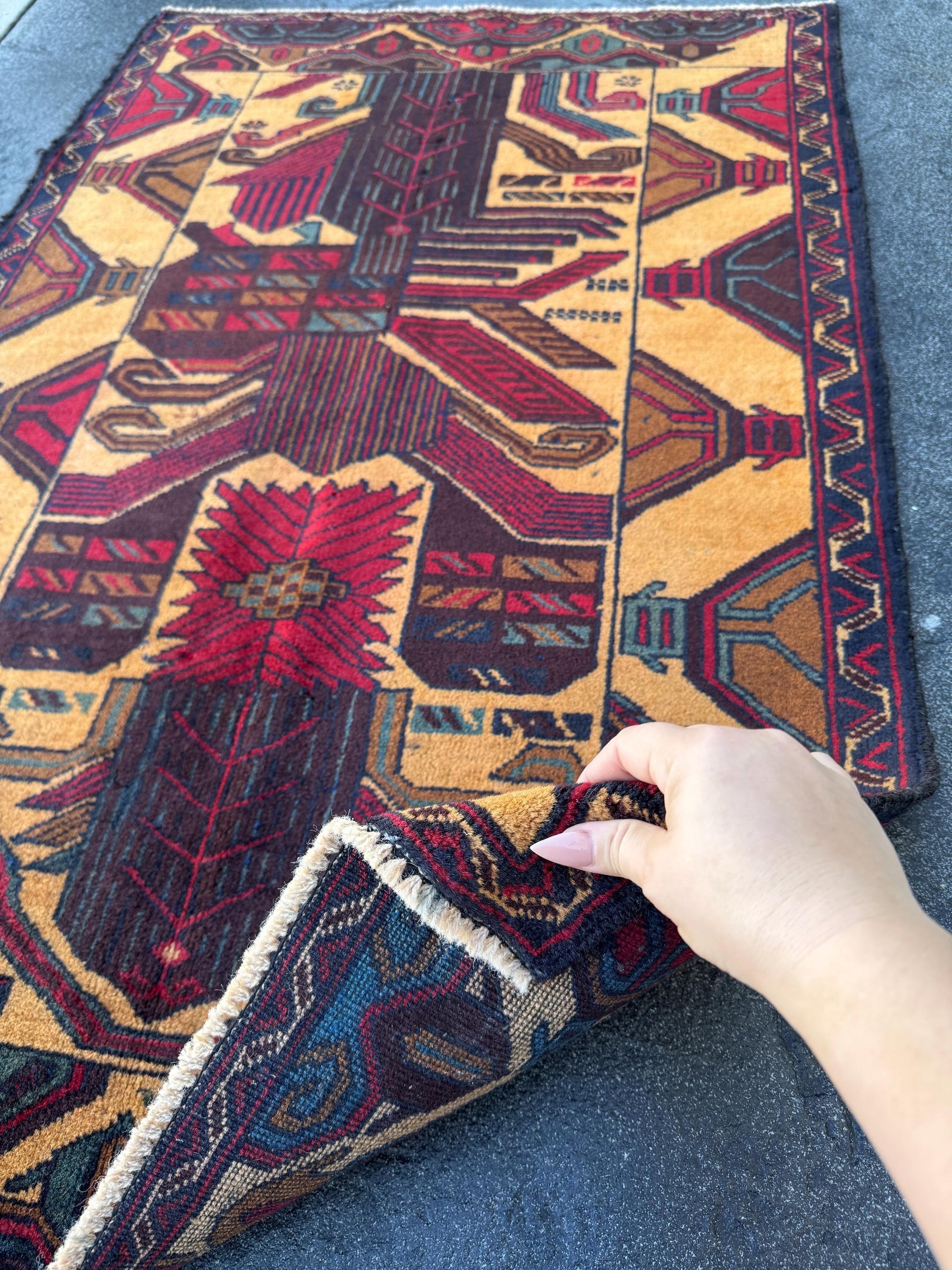 3x4-5 (91x121) Handmade Vintage Afghan Baluch Rug Saffron Gold Mustard Yellow Caramel Coffee Brown Maroon Burgundy Blood Red Denim Navy Blue