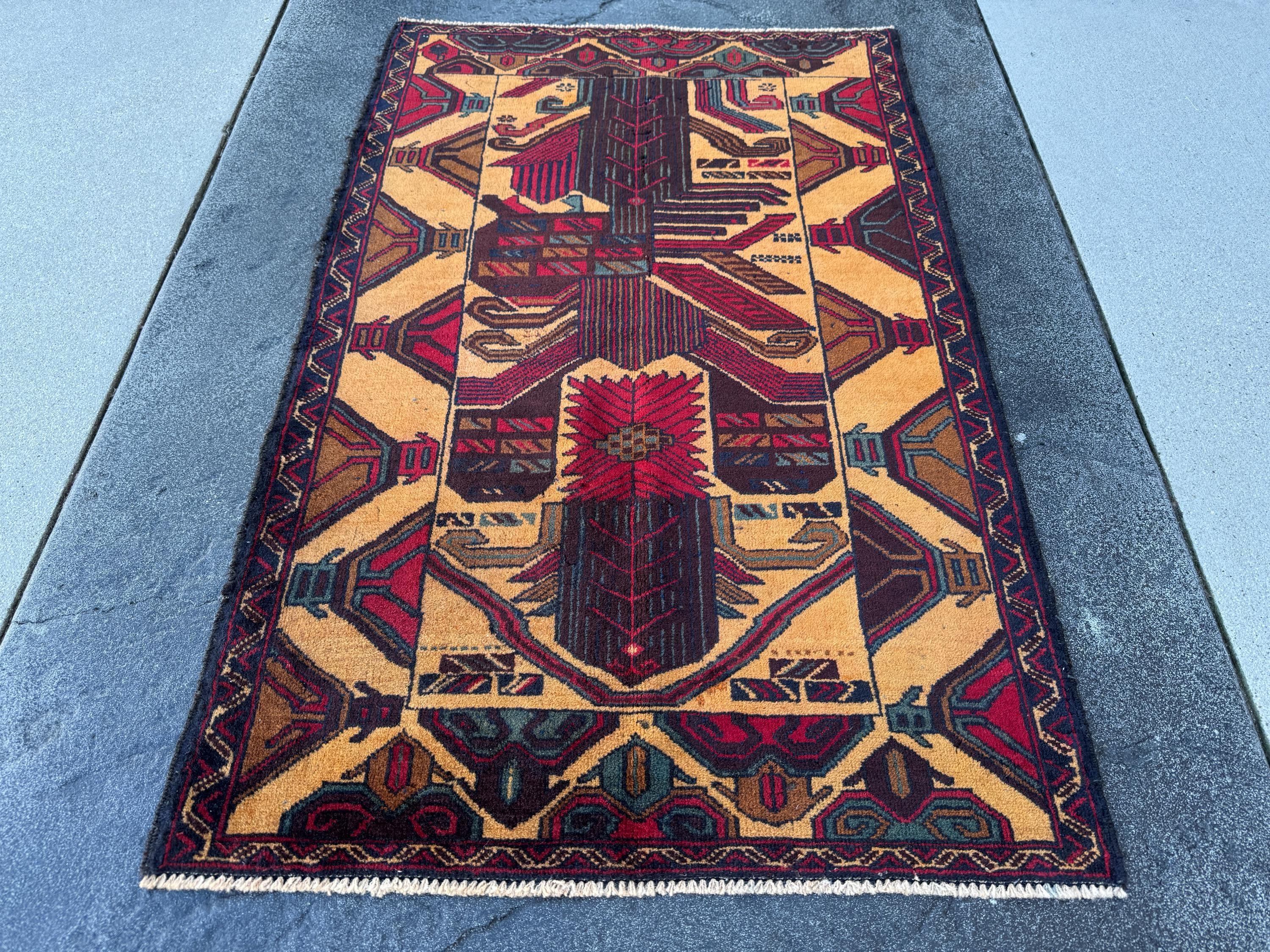 3x4-5 (91x121) Handmade Vintage Afghan Baluch Rug Saffron Gold Mustard Yellow Caramel Coffee Brown Maroon Burgundy Blood Red Denim Navy Blue