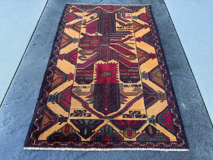3x4-5 (91x121) Handmade Vintage Afghan Baluch Rug Saffron Gold Mustard Yellow Caramel Coffee Brown Maroon Burgundy Blood Red Denim Navy Blue