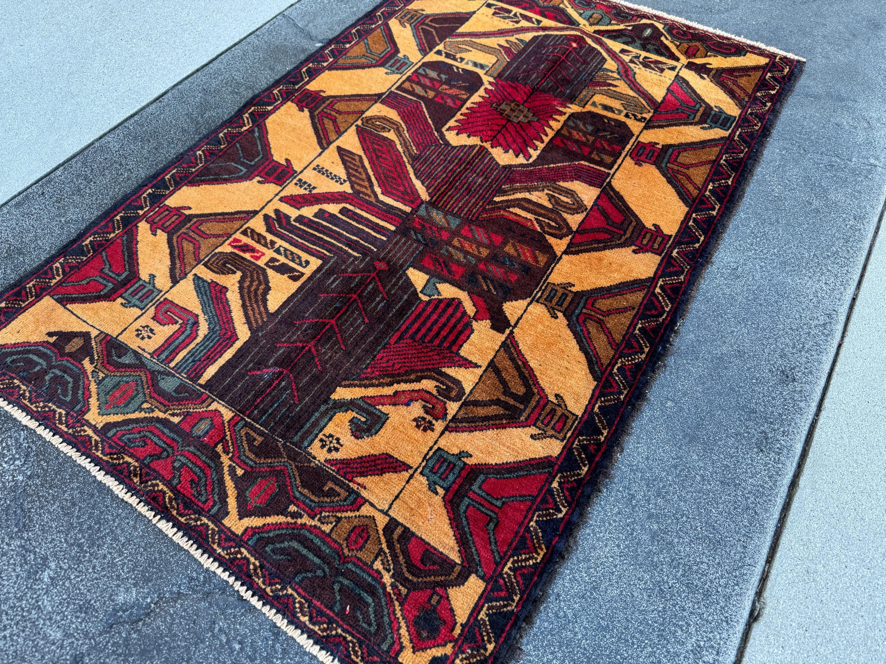 3x4-5 (91x121) Handmade Vintage Afghan Baluch Rug Saffron Gold Mustard Yellow Caramel Coffee Brown Maroon Burgundy Blood Red Denim Navy Blue
