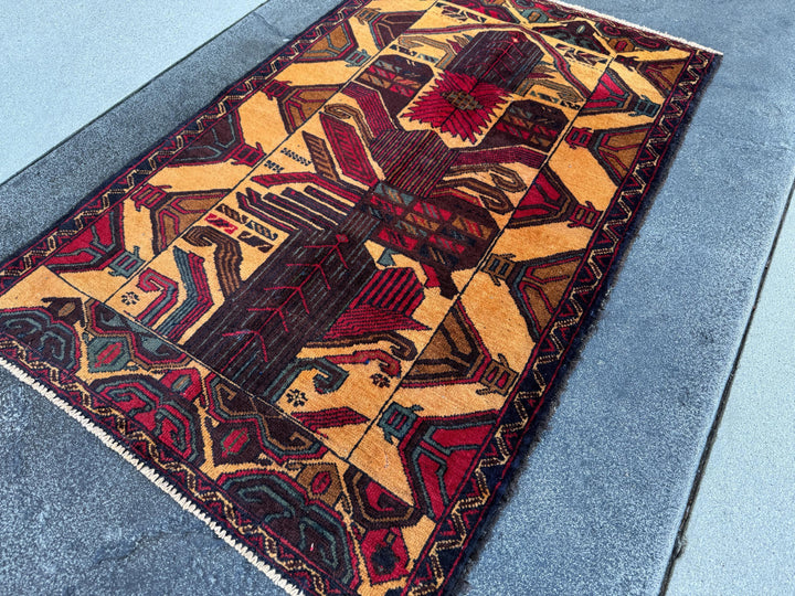 3x4-5 (91x121) Handmade Vintage Afghan Baluch Rug Saffron Gold Mustard Yellow Caramel Coffee Brown Maroon Burgundy Blood Red Denim Navy Blue