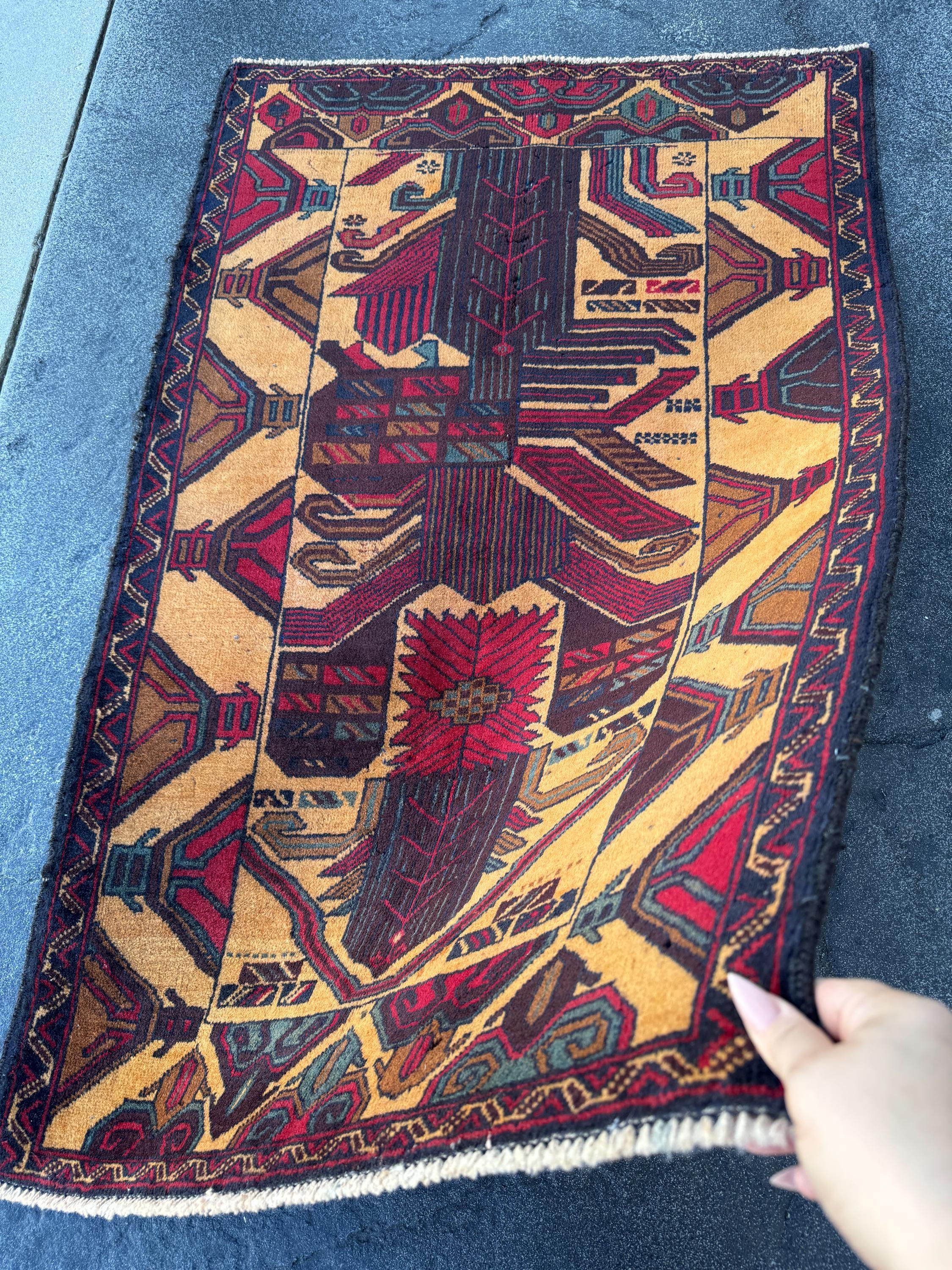 3x4-5 (91x121) Handmade Vintage Afghan Baluch Rug Saffron Gold Mustard Yellow Caramel Coffee Brown Maroon Burgundy Blood Red Denim Navy Blue