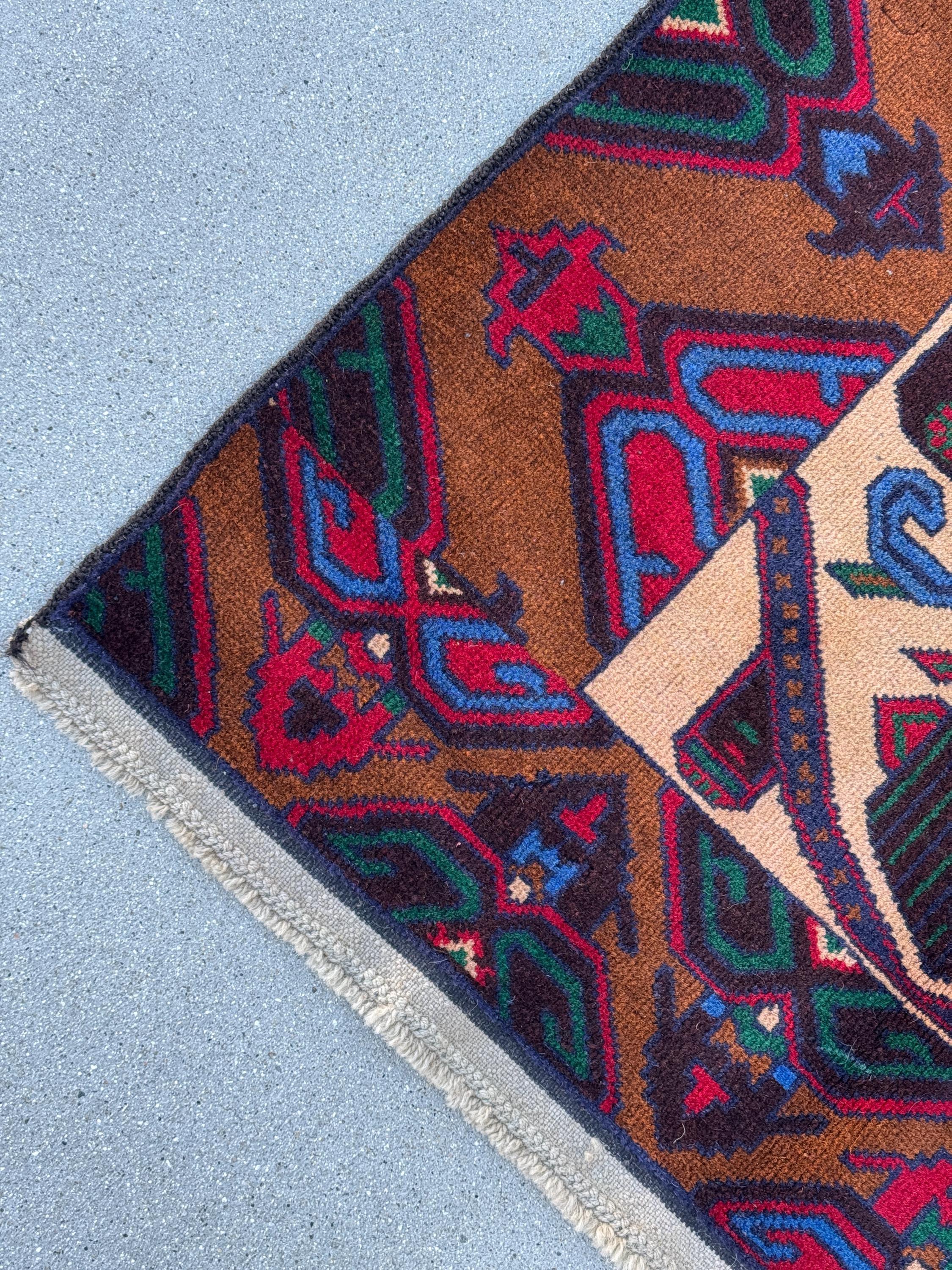 3x5 (91x152) Handmade Vintage Afghan Baluch Rug Caramel Coffee Chocolate Brown Black Crimson Maroon Red Forest Green Denim Navy Blue Cream