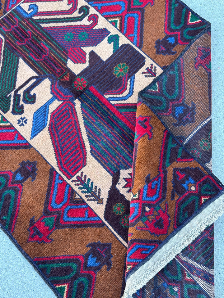 3x5 (91x152) Handmade Vintage Afghan Baluch Rug Caramel Coffee Chocolate Brown Black Crimson Maroon Red Forest Green Denim Navy Blue Cream