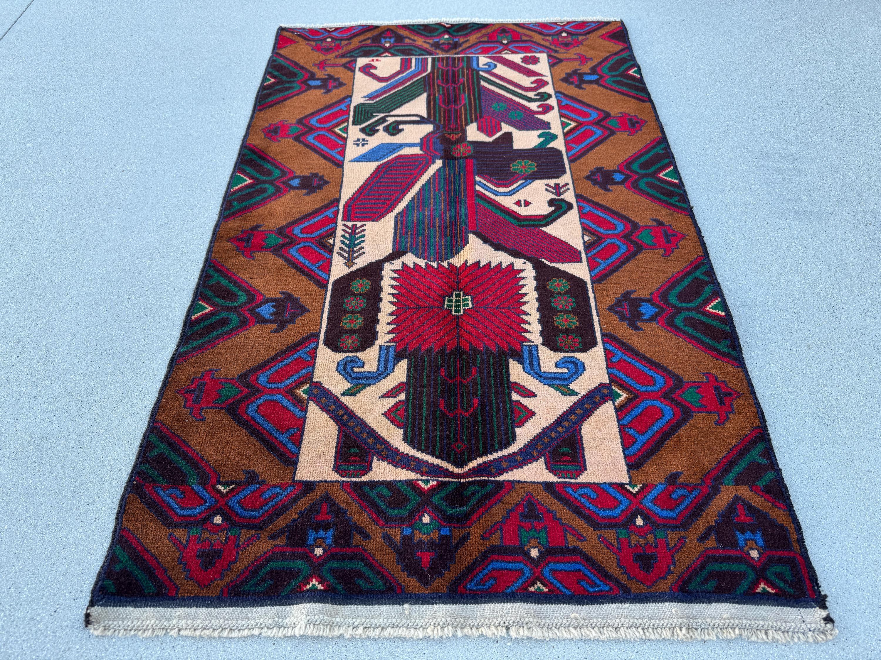 3x5 (91x152) Handmade Vintage Afghan Baluch Rug Caramel Coffee Chocolate Brown Black Crimson Maroon Red Forest Green Denim Navy Blue Cream