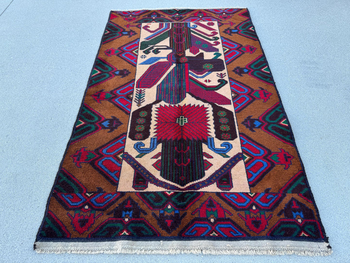 3x5 (91x152) Handmade Vintage Afghan Baluch Rug Caramel Coffee Chocolate Brown Black Crimson Maroon Red Forest Green Denim Navy Blue Cream