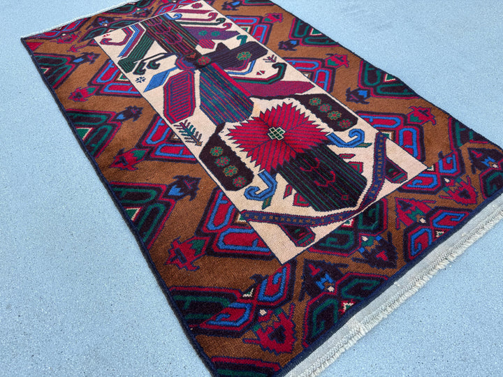 3x5 (91x152) Handmade Vintage Afghan Baluch Rug Caramel Coffee Chocolate Brown Black Crimson Maroon Red Forest Green Denim Navy Blue Cream
